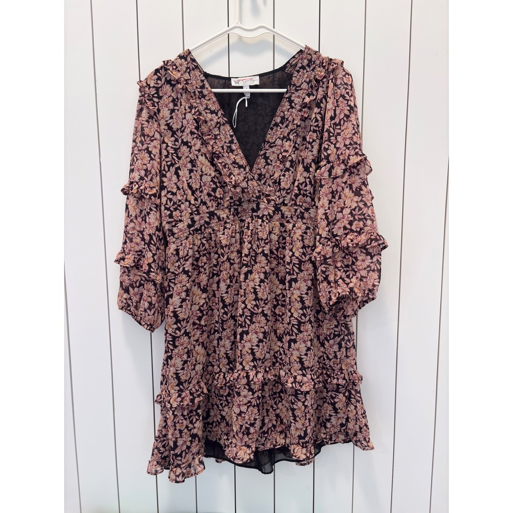 Jessica Simpson Mini Dress Womens Medium Pink Floral Ruffle Cottagecore Boho